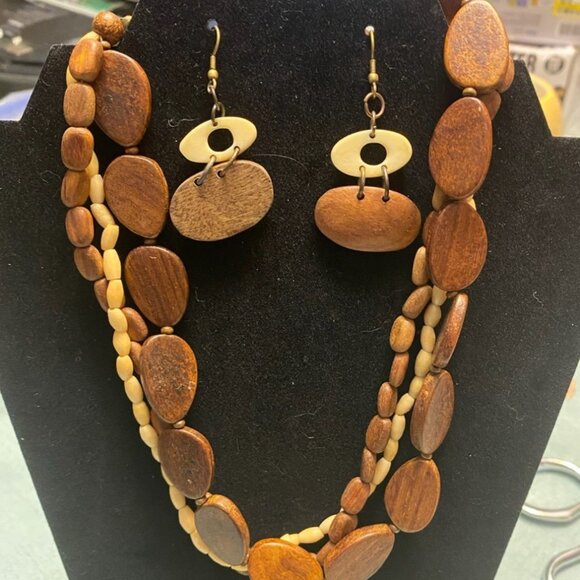 Boho Jewelry - Boho Wood Bead Necklace Earrings Set Multi Strand Natural Tribal Statement Earth